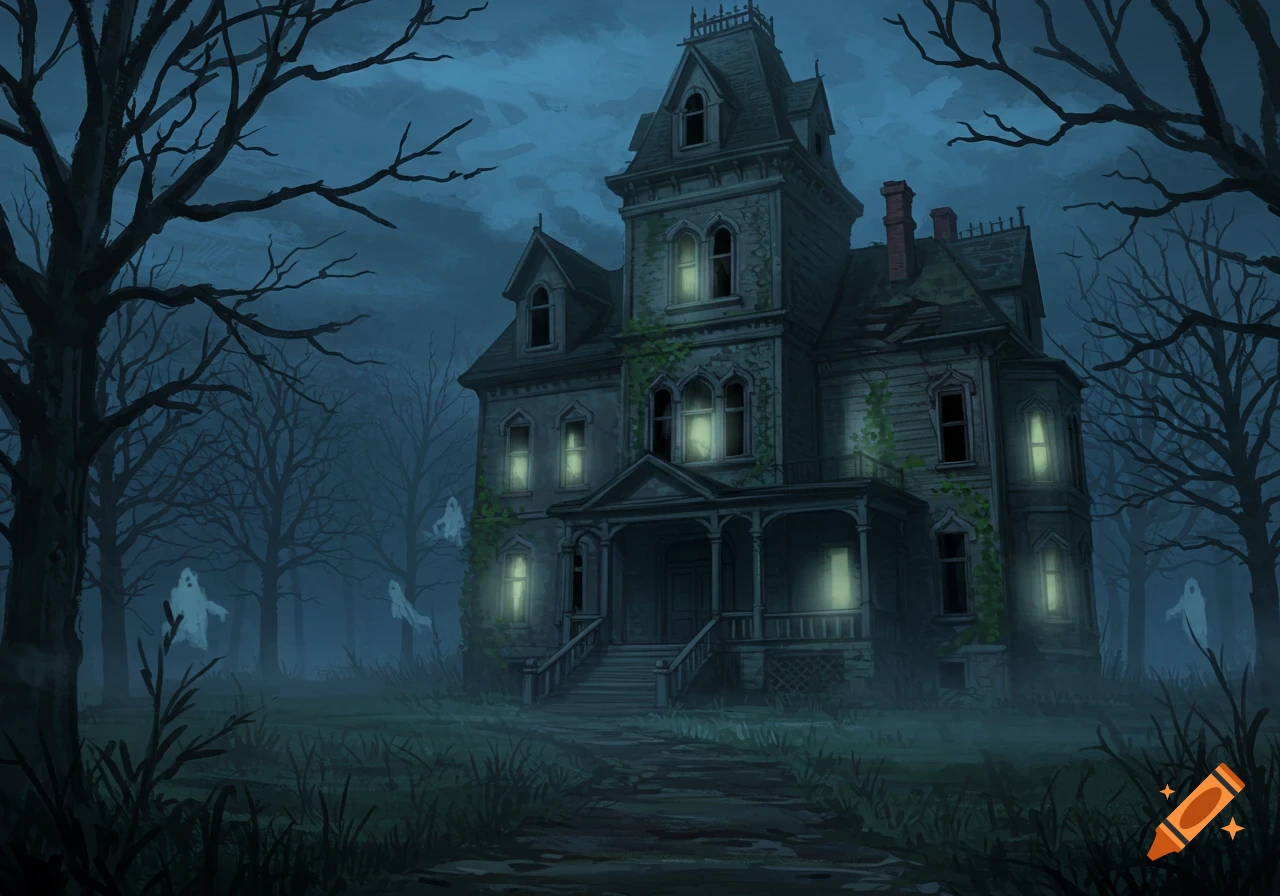 An illustration of a spooky, old haunted mansion with glowing windows, surrounded by bare trees and floating ghosts in a misty, dark forest.