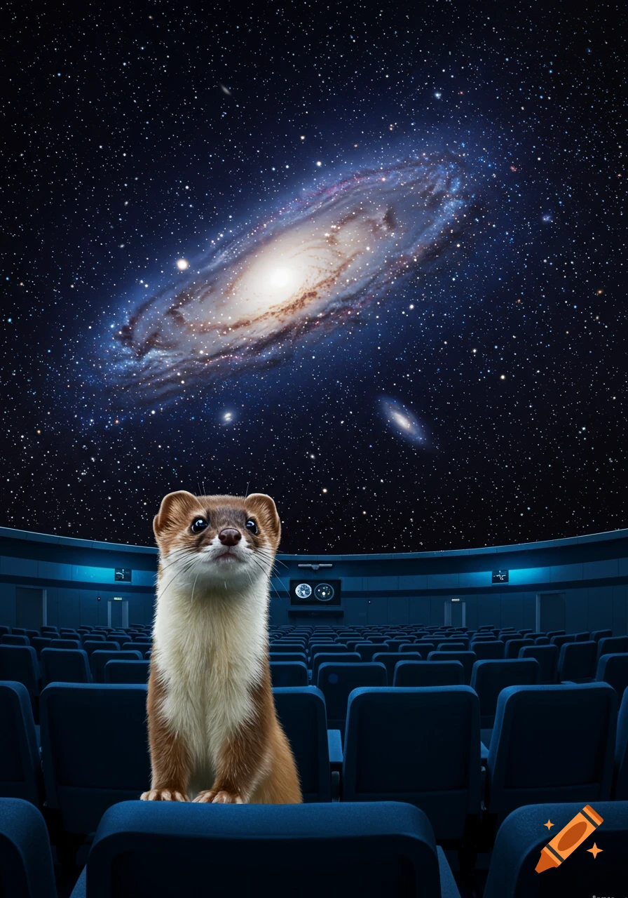 A photorealistic weasel sits in a planetarium auditorium, looking up at a vibrant projected galaxy and starry sky.