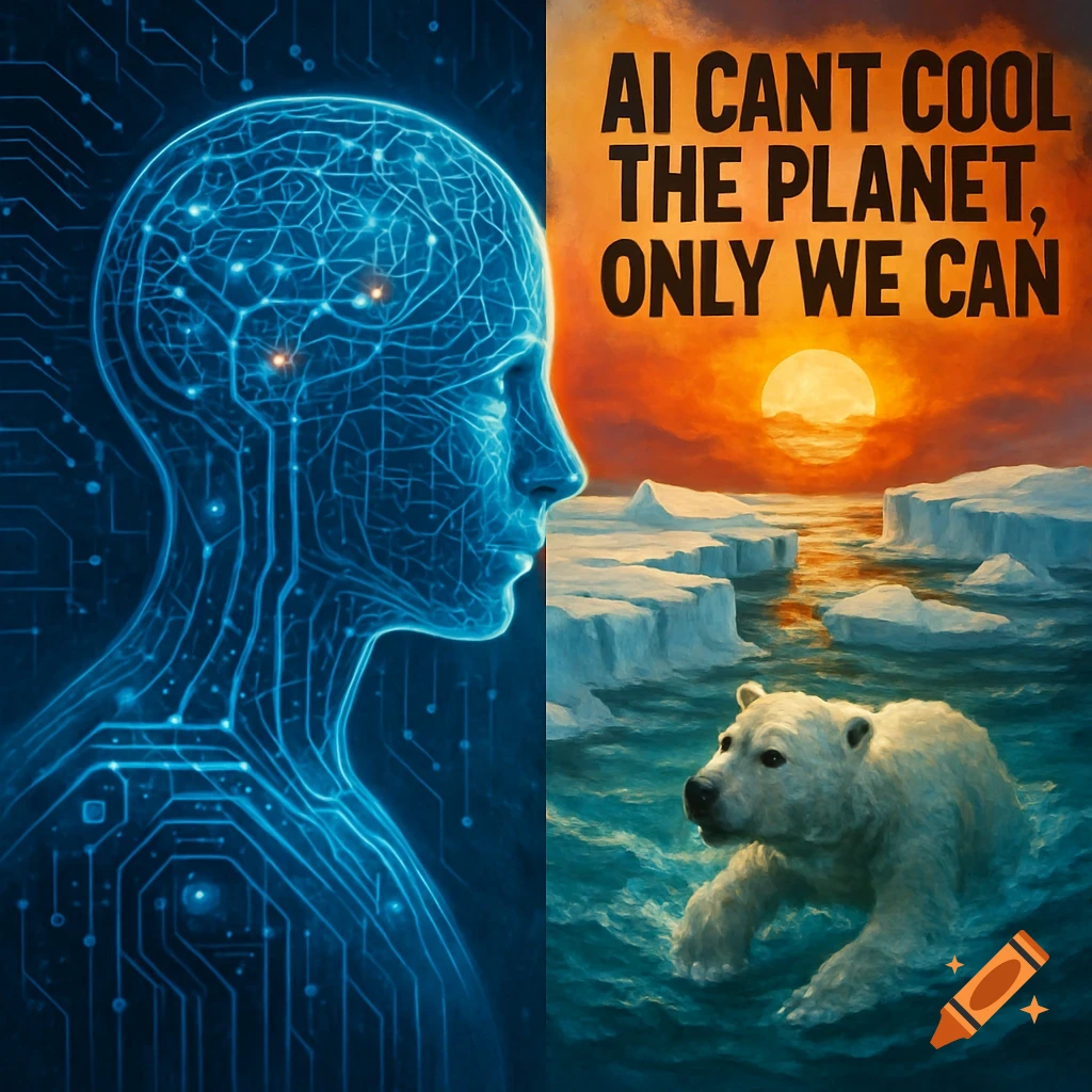 A split image; left side shows a blue, circuit-patterned human head, right side shows a polar bear swimming in melting ice under a sunset with text about climate change.