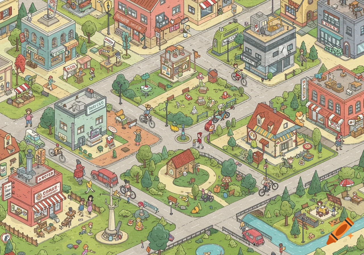 An isometric cartoon map of a bustling town with streets, parks, cars, buildings, and people.