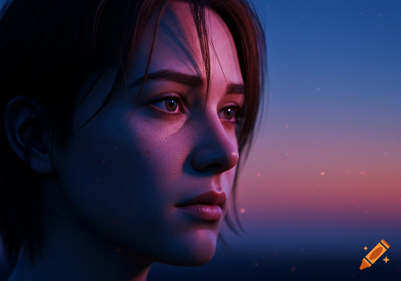 Close-up photorealistic portrait of a young woman's face illuminated by pink and blue light, gazing right against a soft evening sky.