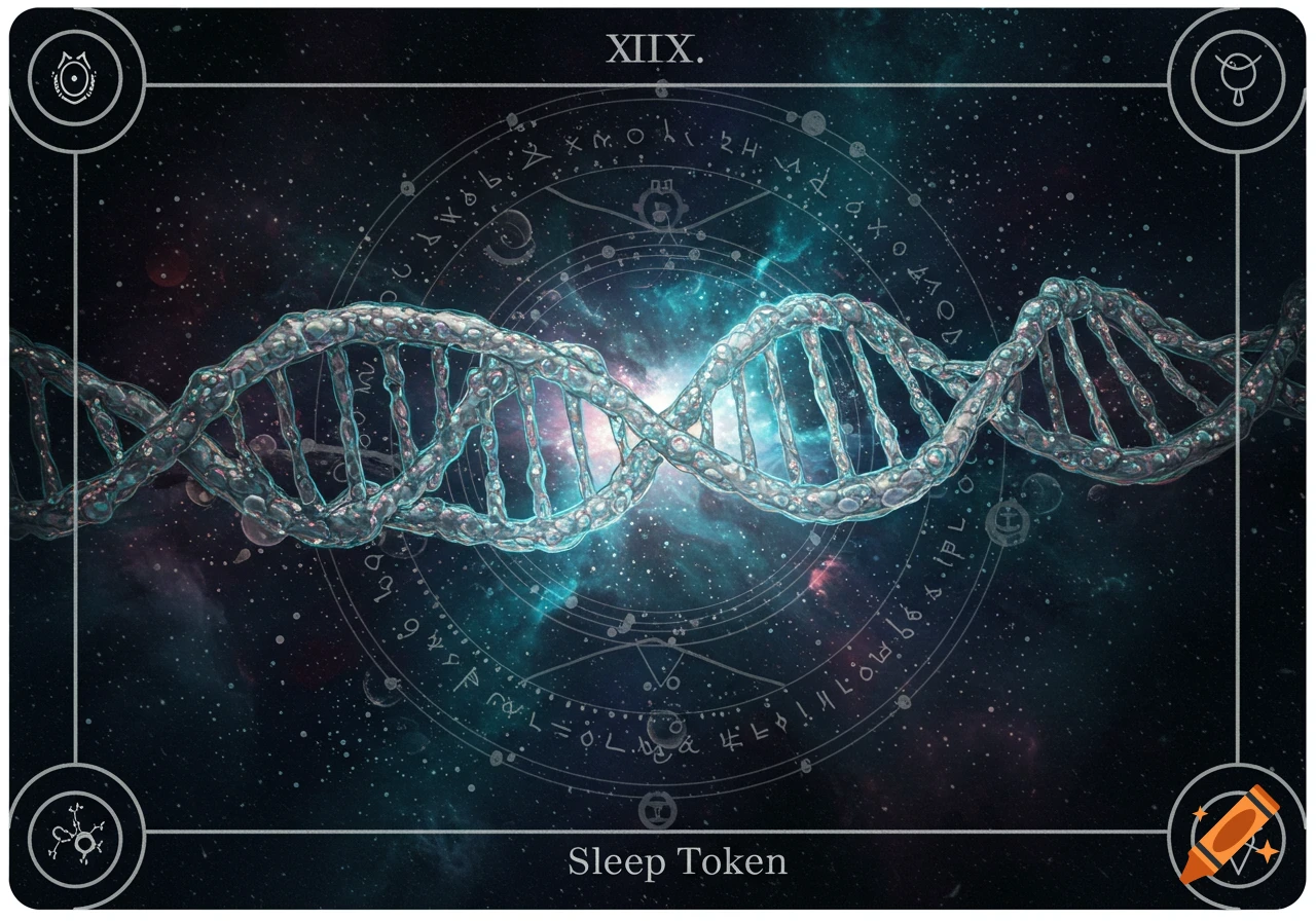 Tarot card with a glowing DNA double helix against a backdrop of stars and nebulae, framed by esoteric symbols and text.