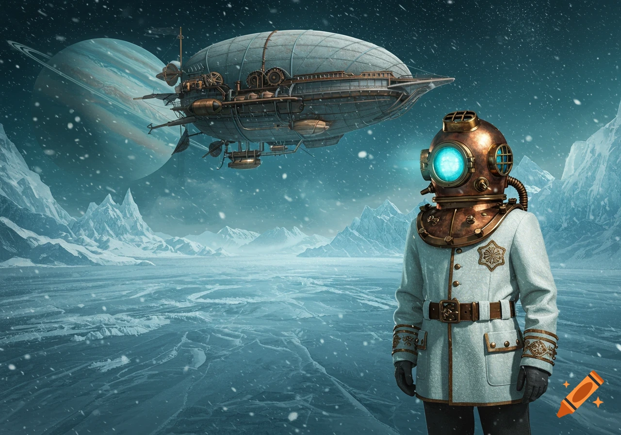 Steampunk explorer in a white suit and copper diving helmet stands on an icy planet under a steampunk airship and ringed planet.