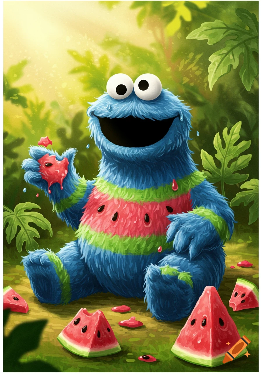 A fluffy blue Cookie Monster, dressed as a watermelon, holds a heart-shaped watermelon in a vibrant jungle setting with slices on the ground.