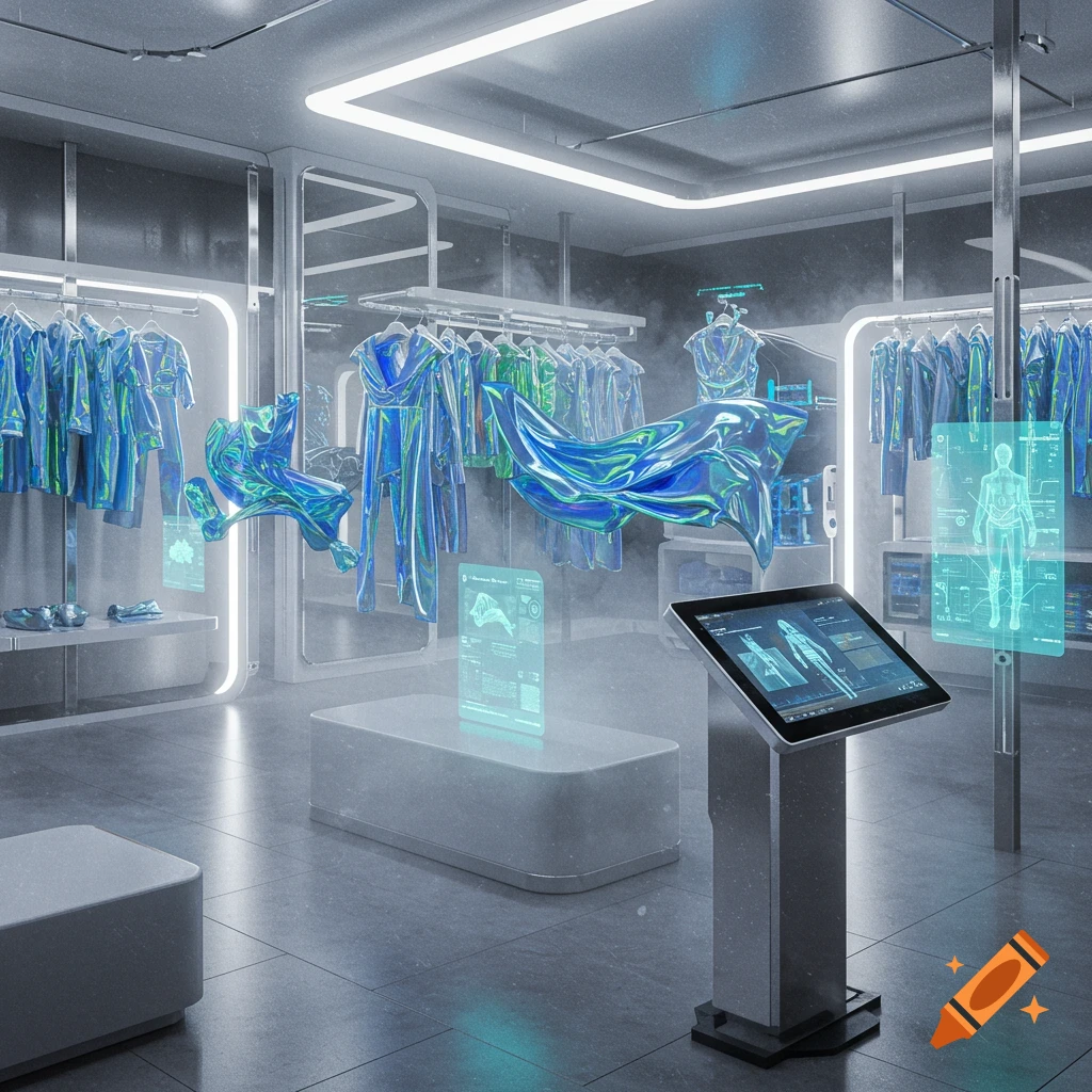 A futuristic retail store with iridescent blue and green clothing on hangers and floating in the air, with holographic displays and a digital kiosk.