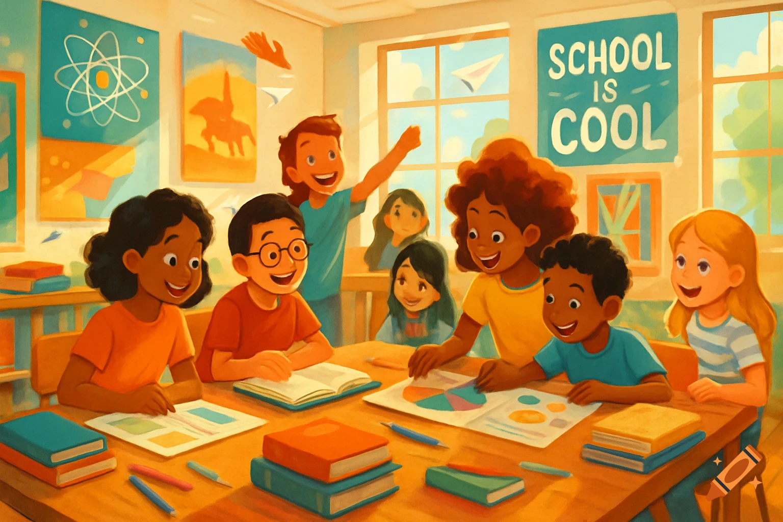 A vibrant illustration of a diverse group of smiling children in a classroom, with a 'SCHOOL IS COOL' sign on the wall.