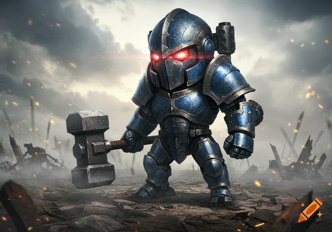 A blue armored mini P.E.K.K.A. with glowing red eyes holds a large hammer on a desolate battlefield.