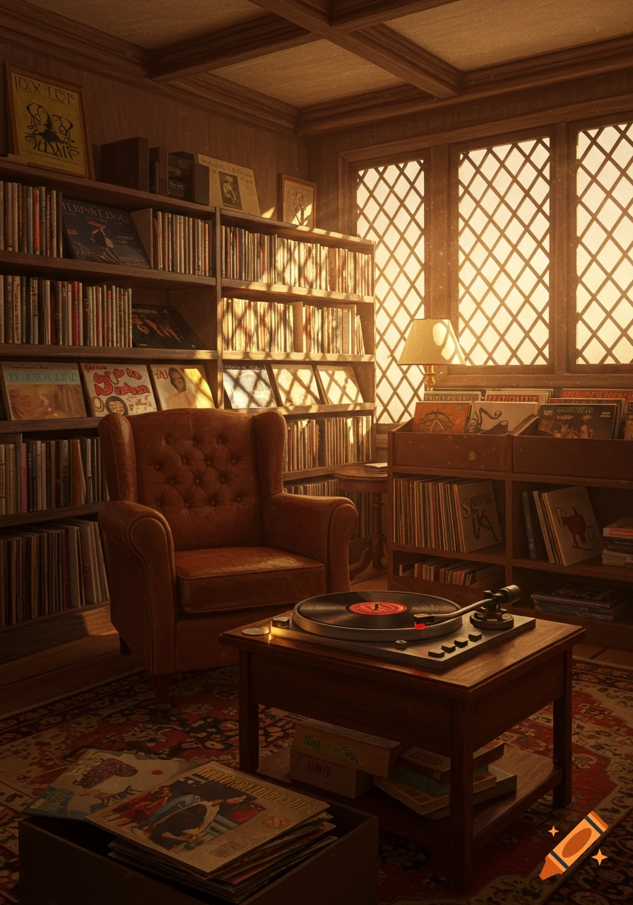 A cozy, sunlit room filled with bookshelves, an armchair, and a record player on a table. Warm, inviting atmosphere.