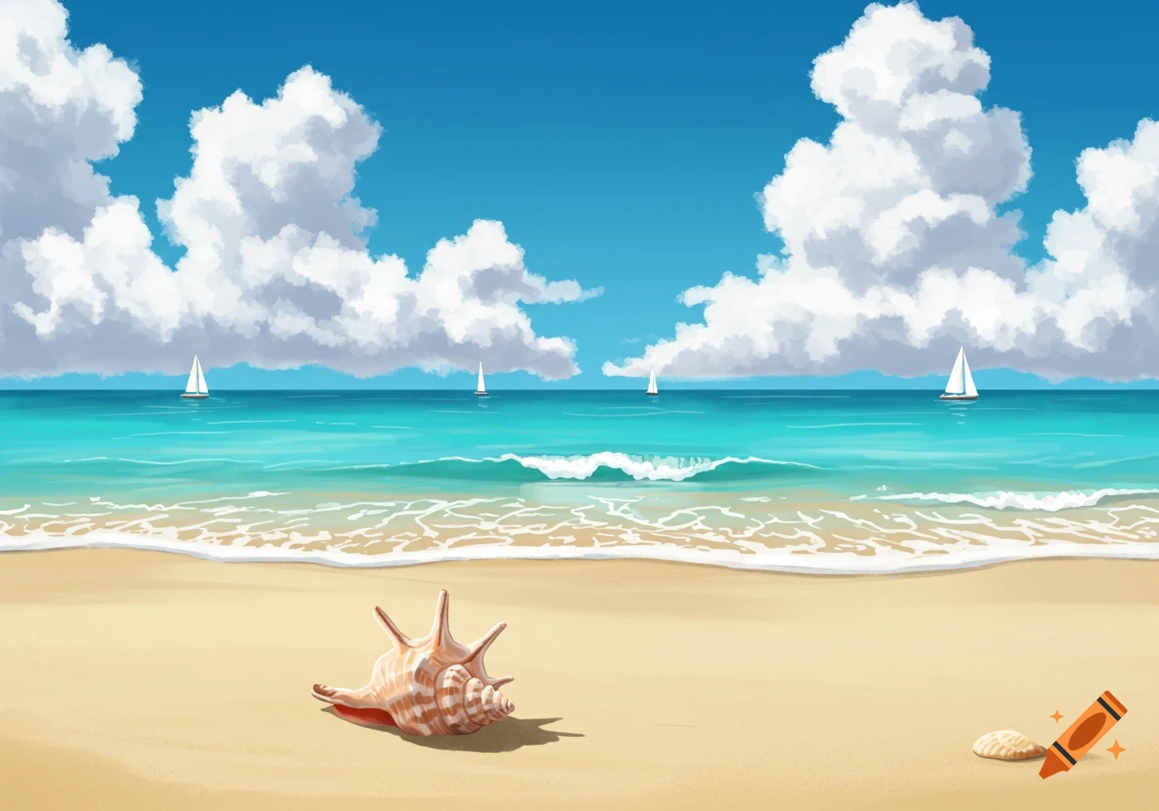 An illustrated beach scene with turquoise ocean waves, a sandy shore, a large conch shell, and white sailboats under a blue sky with fluffy clouds.