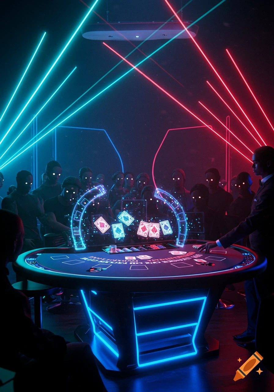 A futuristic cyberpunk casino with people gathered around a glowing blackjack table, holographic cards floating above, illuminated by neon red and blue lasers.