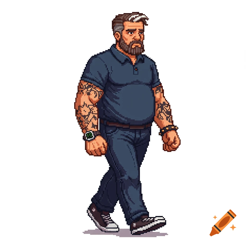 Pixel art depiction of a bearded man with tattoos on both arms, wearing a navy polo shirt, dark jeans, and sneakers, walking to the right.