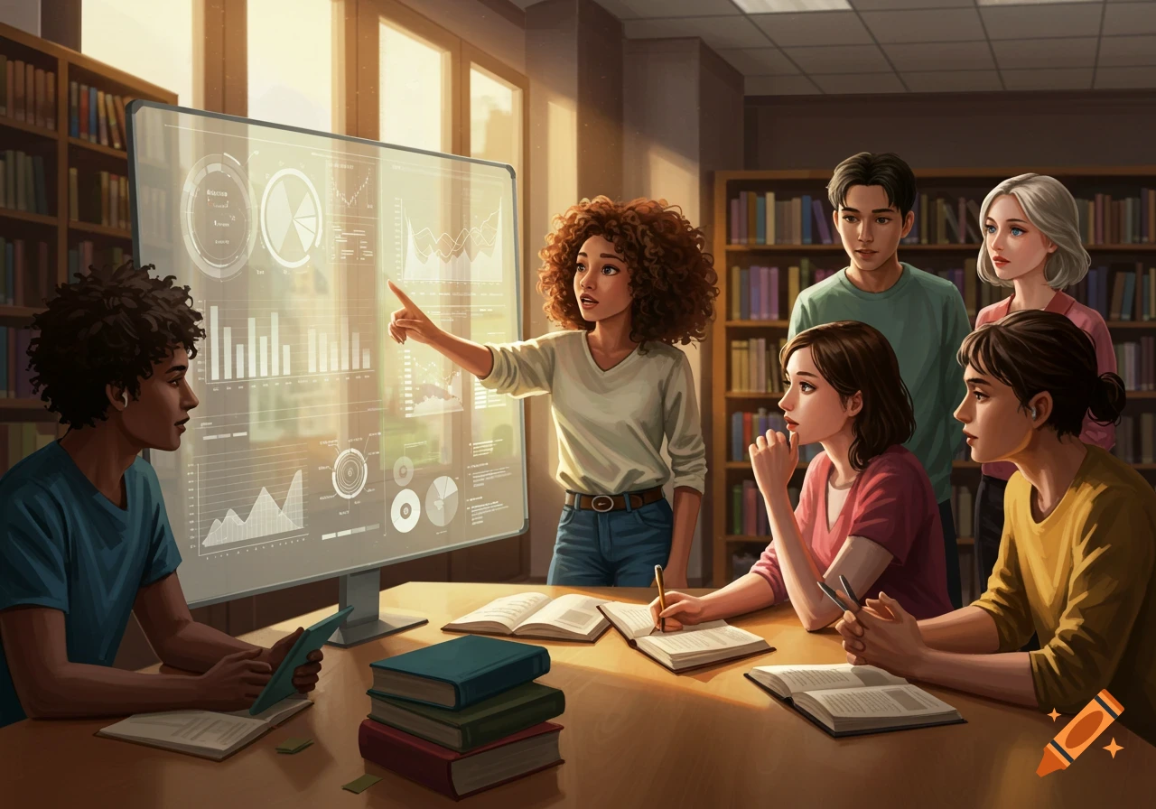 Illustrated scene of diverse students in a library, discussing data on a large transparent screen.