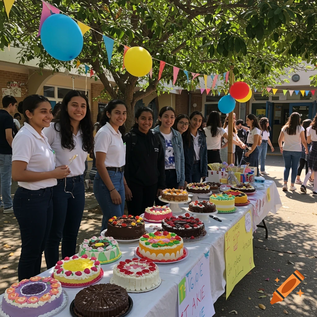 A group of smiling female students stand behind a table laden with many colorful cakes at an outdoor school event under a tree with balloons.