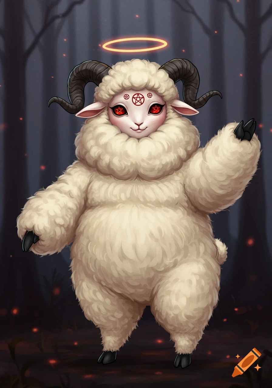 A cute, chubby, sheep-like fantasy creature with horns, red pentagram eyes, cloven hooves, and a glowing halo in a dark forest.
