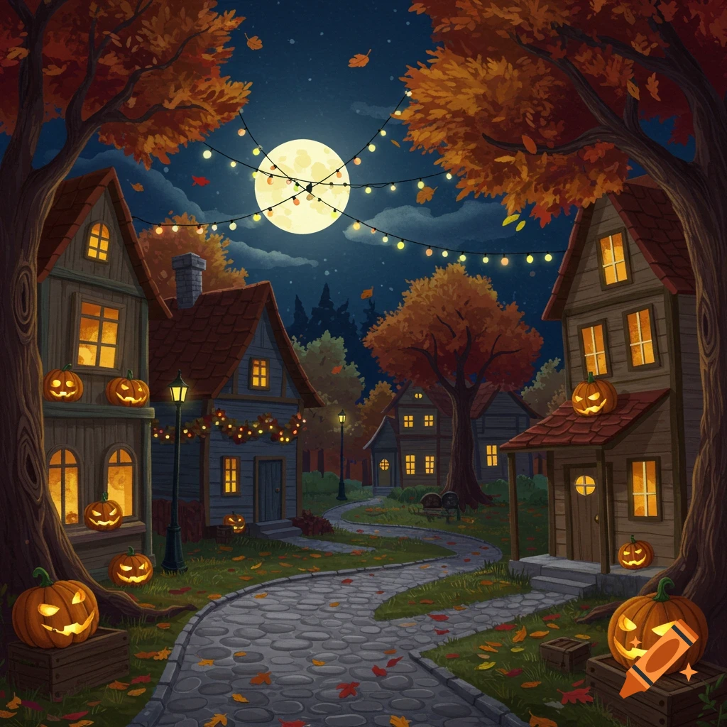 A charming, illustrated village scene at night, decorated for Halloween with glowing jack-o'-lanterns, colorful autumn leaves, and string lights under a full moon.