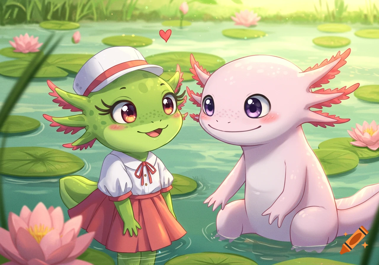 A cute green axolotl in a hat and dress holds hands with a pink axolotl in a lily pond, in an anime style.
