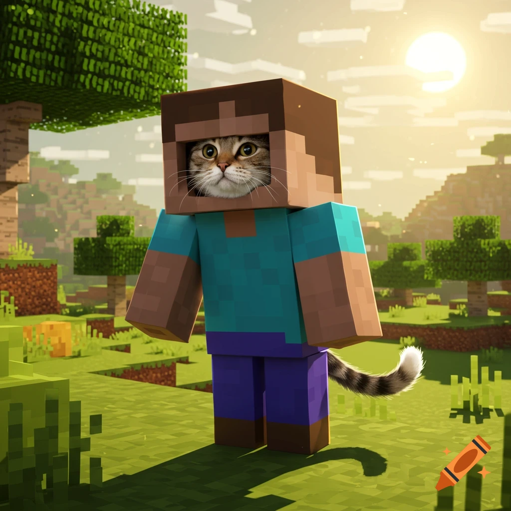 A realistic cat's head in a Minecraft Steve costume with a tail stands in a sunny pixelated Minecraft world.