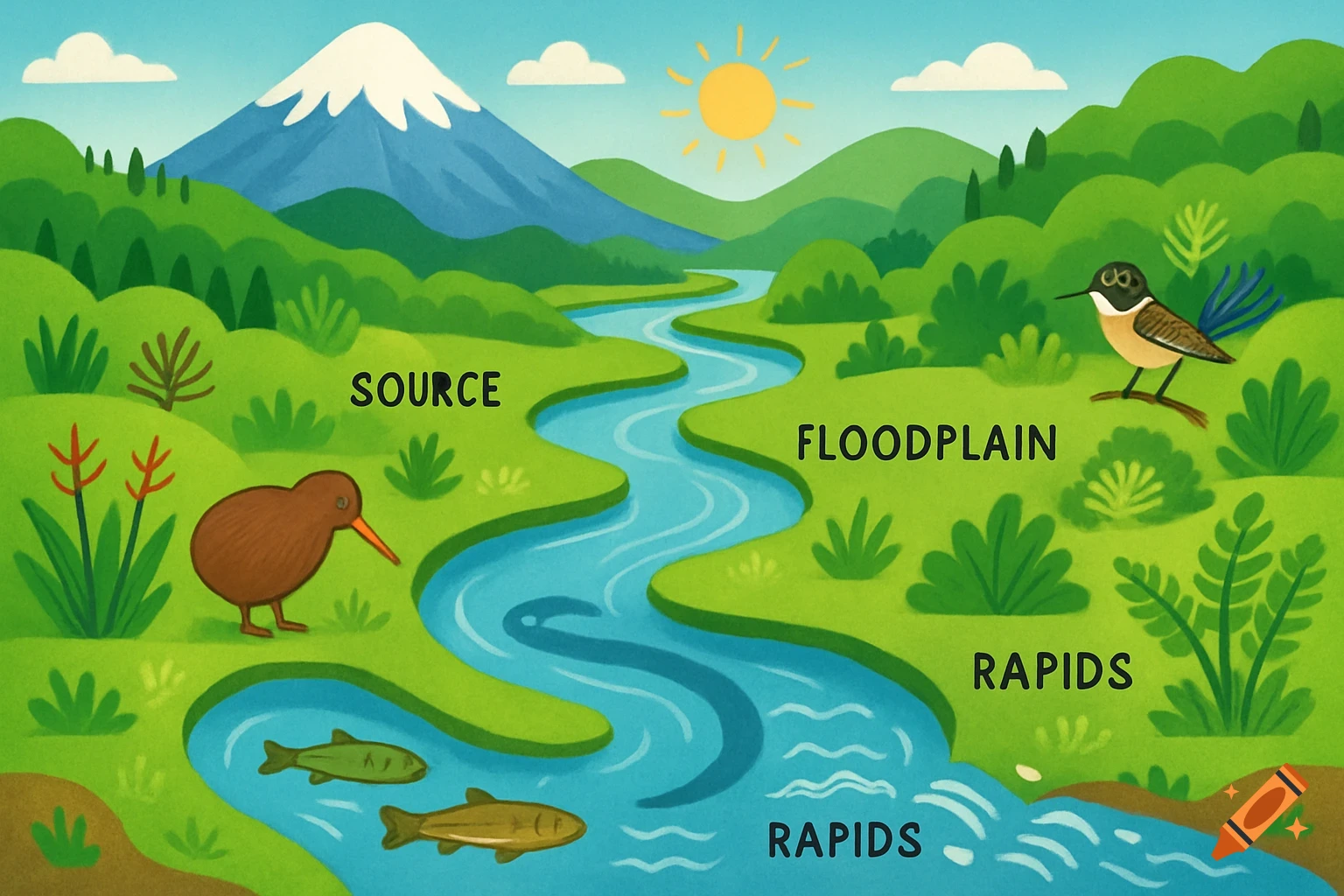 Cartoon educational diagram of a river landscape with a mountain source, rapids, and floodplain, featuring a kiwi bird and other wildlife.