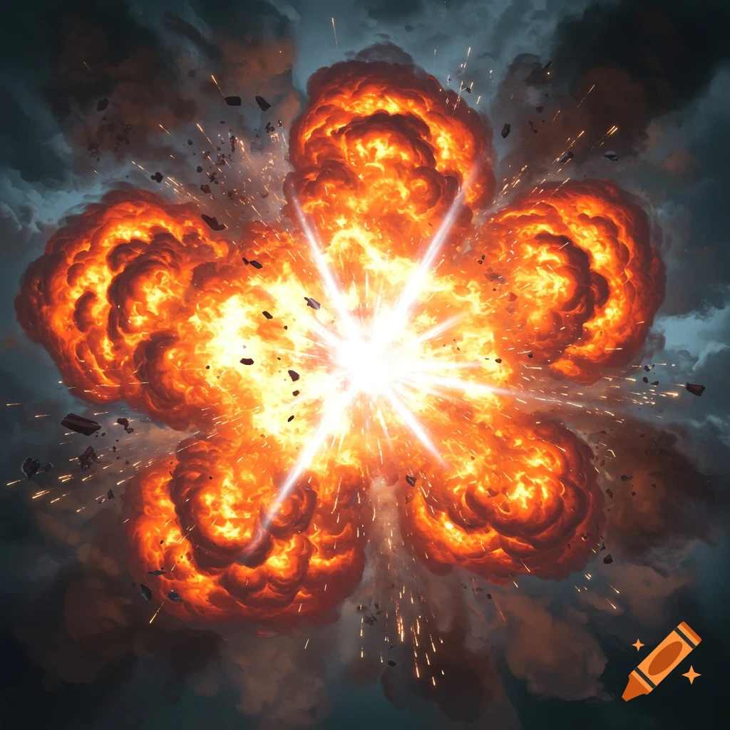 A large, bright orange and yellow explosion with a white flash at its center, surrounded by dark smoke and flying debris.