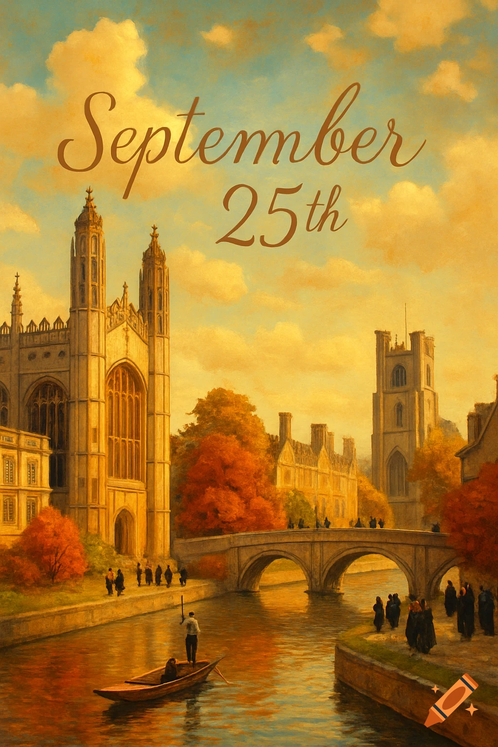 A painterly cityscape of Cambridge with historic buildings, a river, and a bridge under a warm sky, with "September 25th" written in the clouds.
