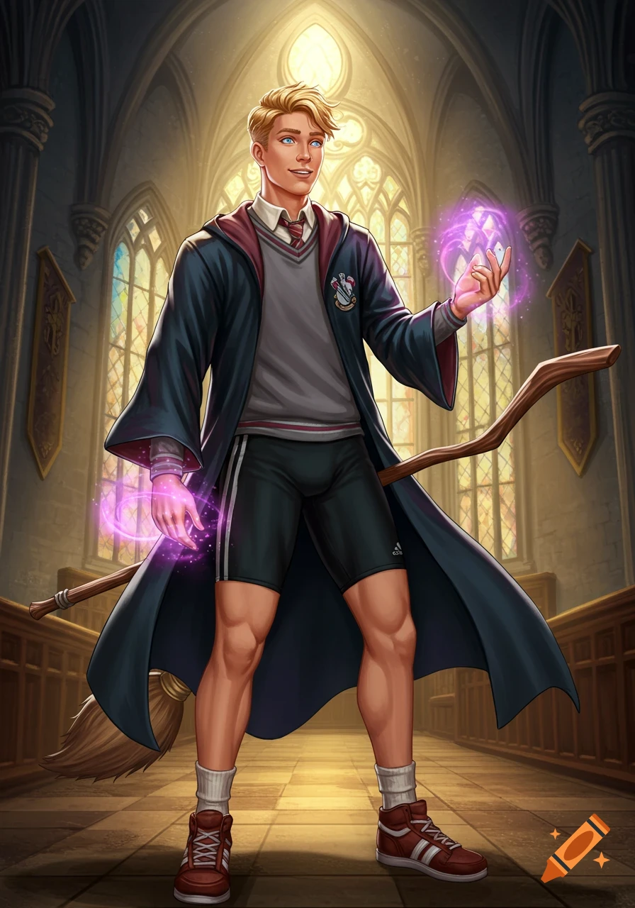 A blond-haired jock student in wizard robes holds glowing purple magic in a grand school hallway with stained glass.