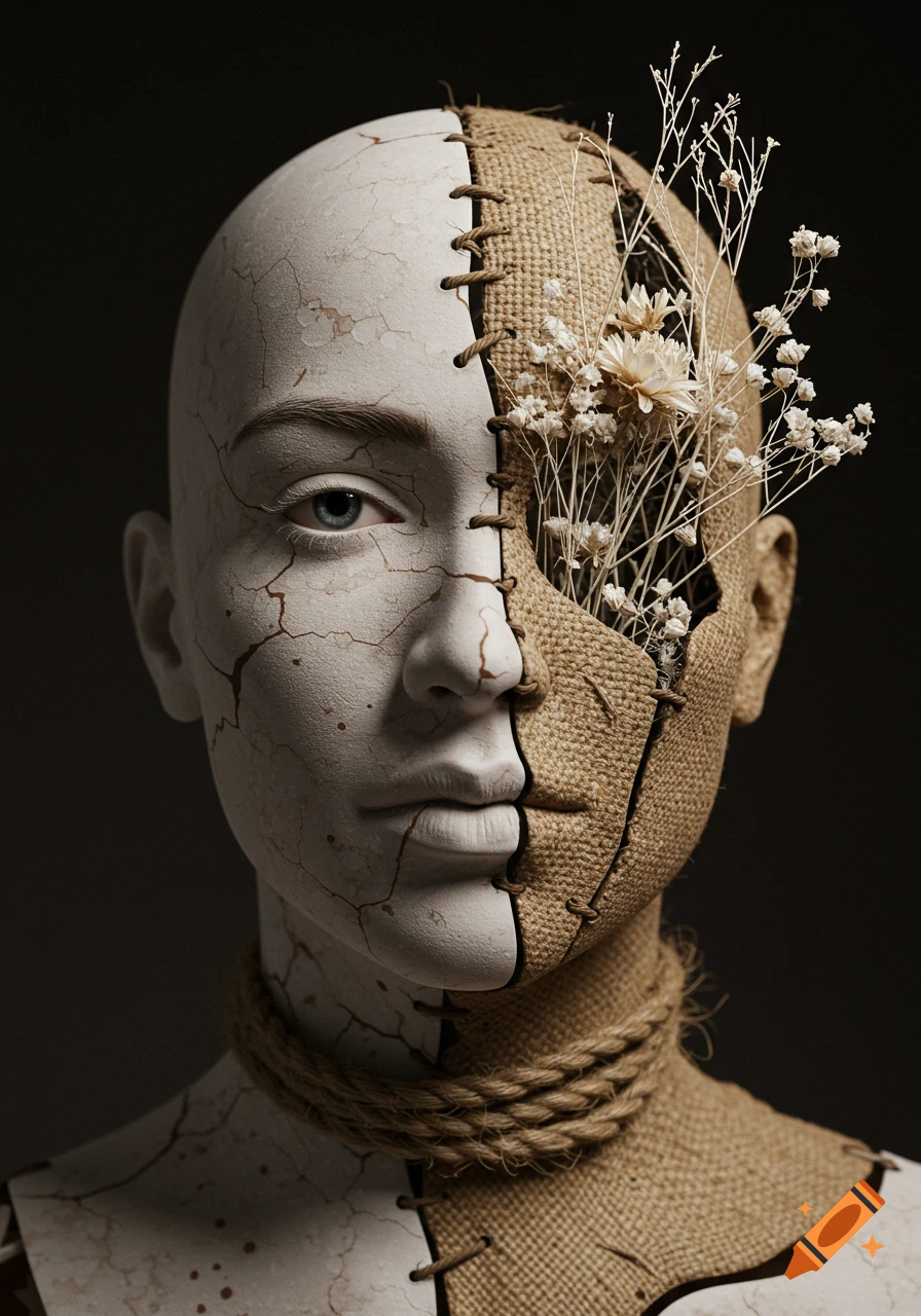 Photorealistic surreal portrait of a face split in half: one side cracked porcelain, the other burlap with dried flowers, rope on the neck.
