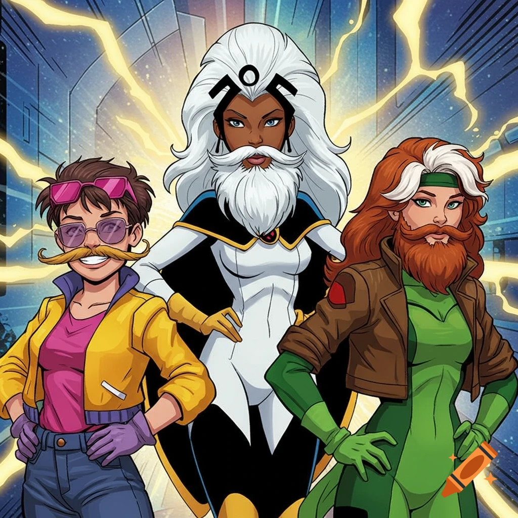 Jubilee, Storm, and Rogue from X-Men with beards, standing in front of a lightning background in 90s cartoon style.
