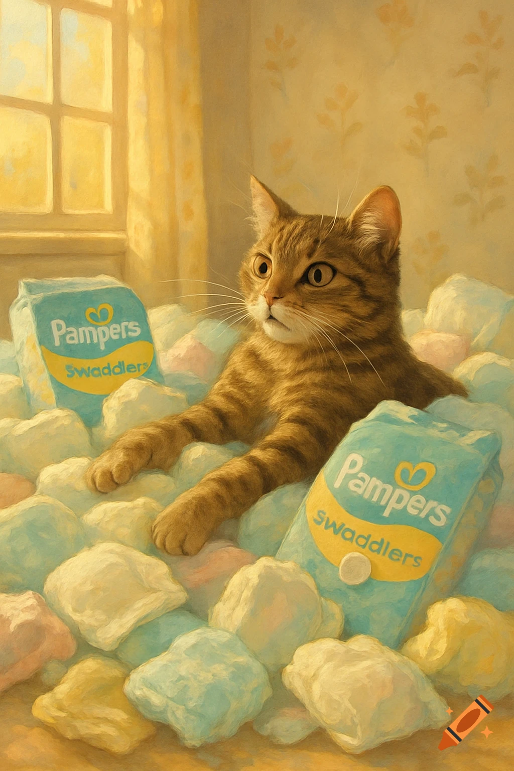 A tabby cat sits amongst soft pastel shapes and Pampers Swaddlers packages in a cozy, painterly room.