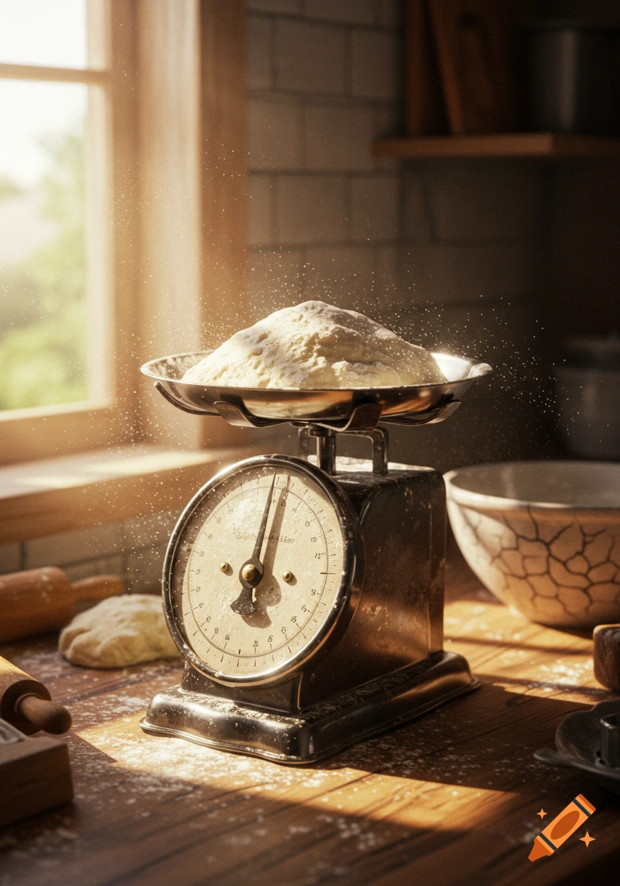 A vintage kitchen scale with a pile of flour on its pan, illuminated by sunlight streaming through a window.