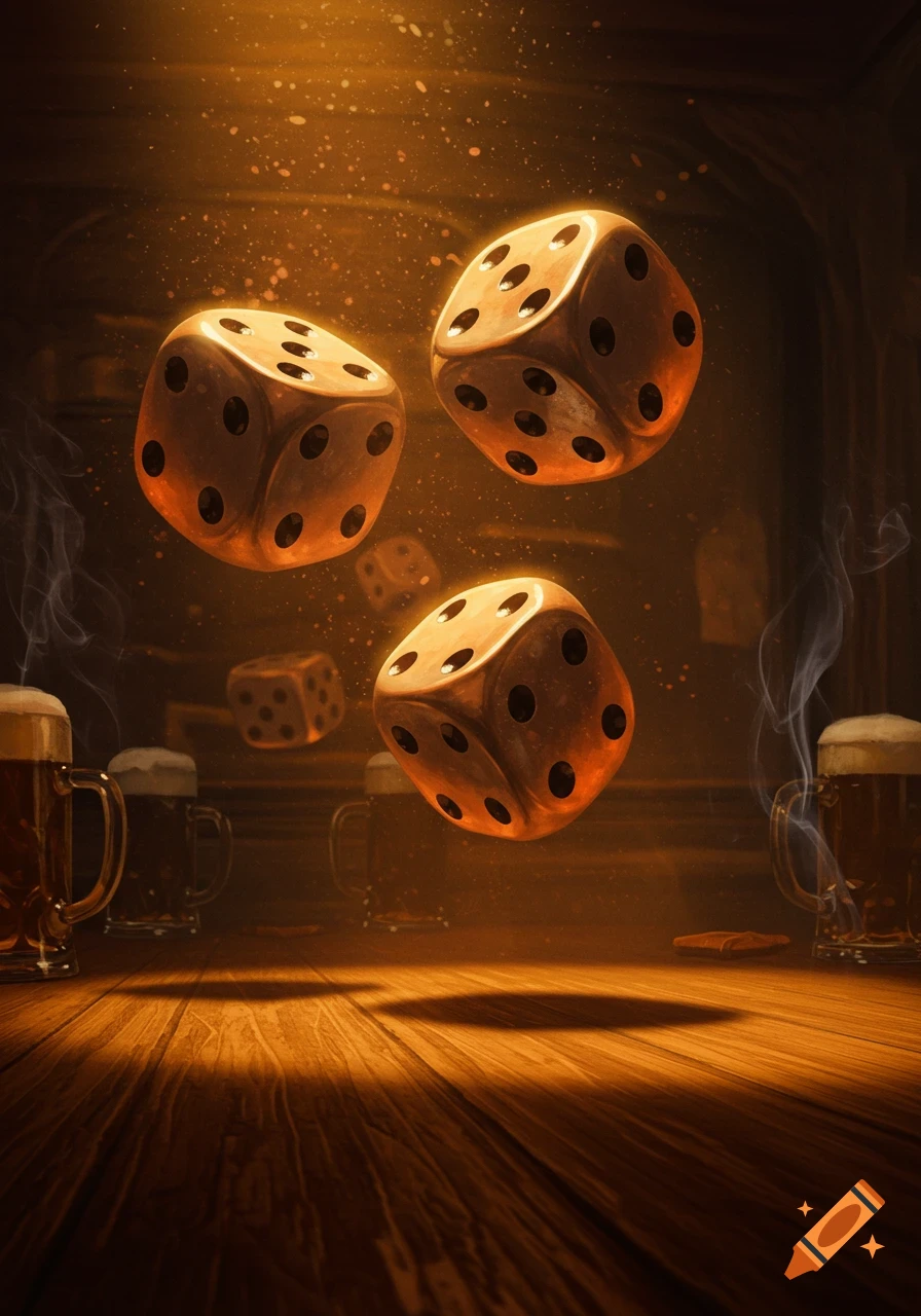 Three glowing dice float above a wooden bar table with beer mugs in a dark, warm-lit pub setting, with smoke rising.