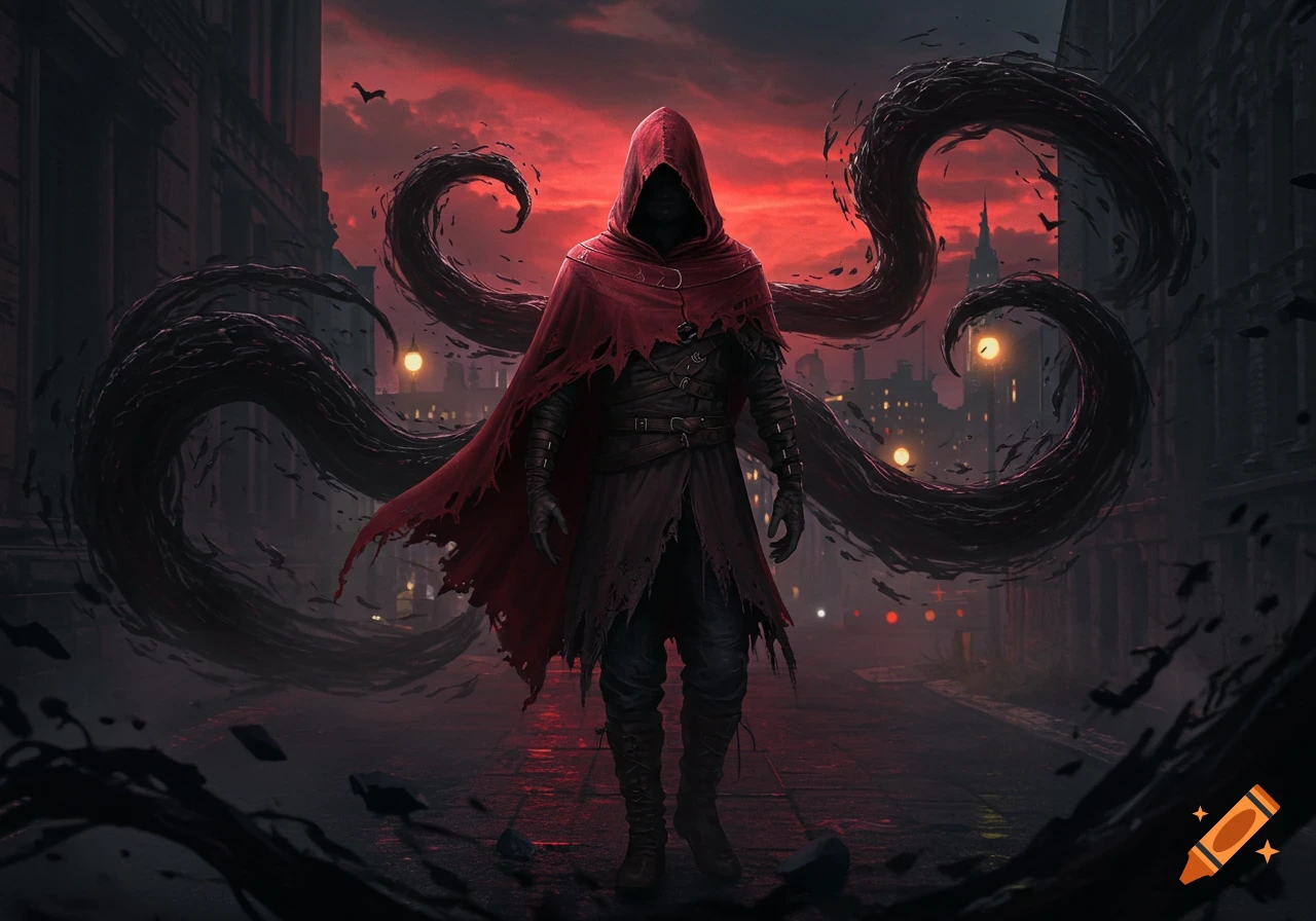 A menacing hooded figure in a tattered red cloak on a dark gothic street, black tendrils behind, blood-red sky.