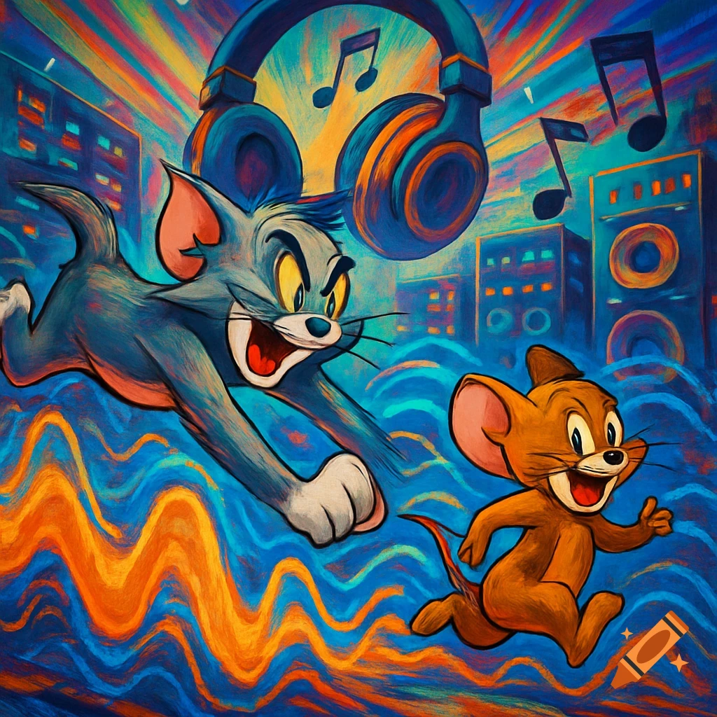 Stylized painting of Tom the cat chasing Jerry the mouse through a vibrant, wavy city background with large headphones and musical notes.