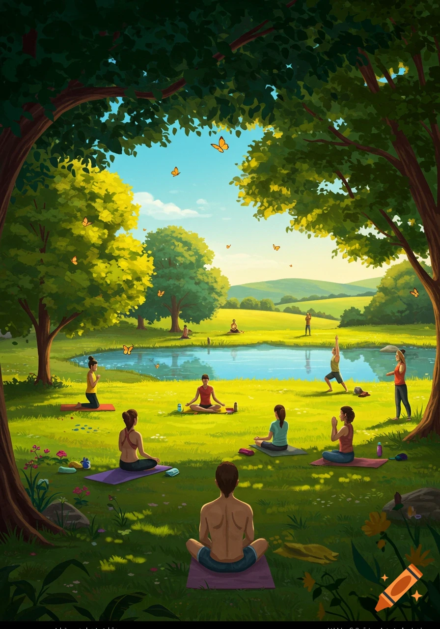 Stylized illustration of people doing yoga in a lush park with a pond, trees, and butterflies under a blue sky.