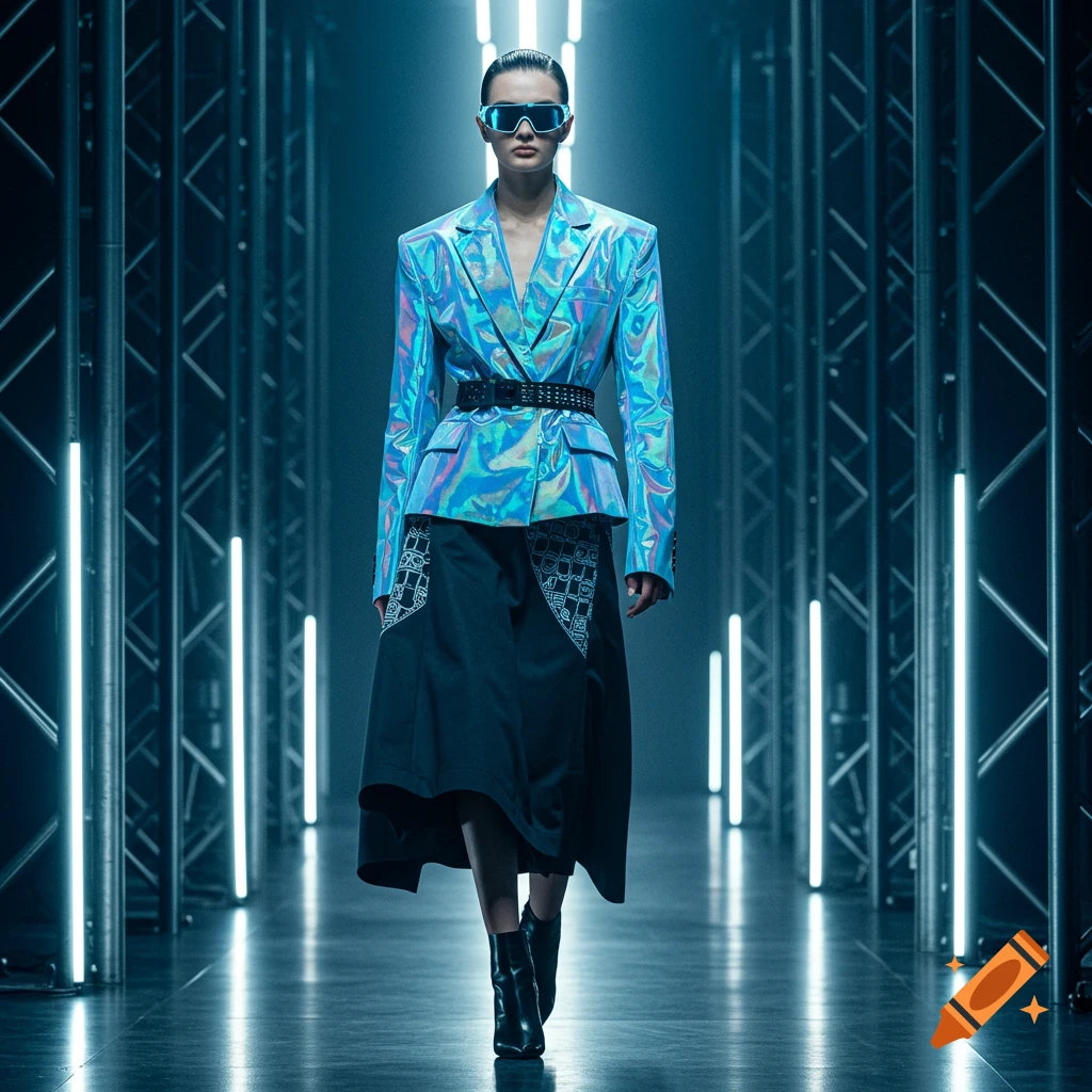 A fashion model in a holographic blazer, black skirt, and futuristic sunglasses walks a neon-lit runway.