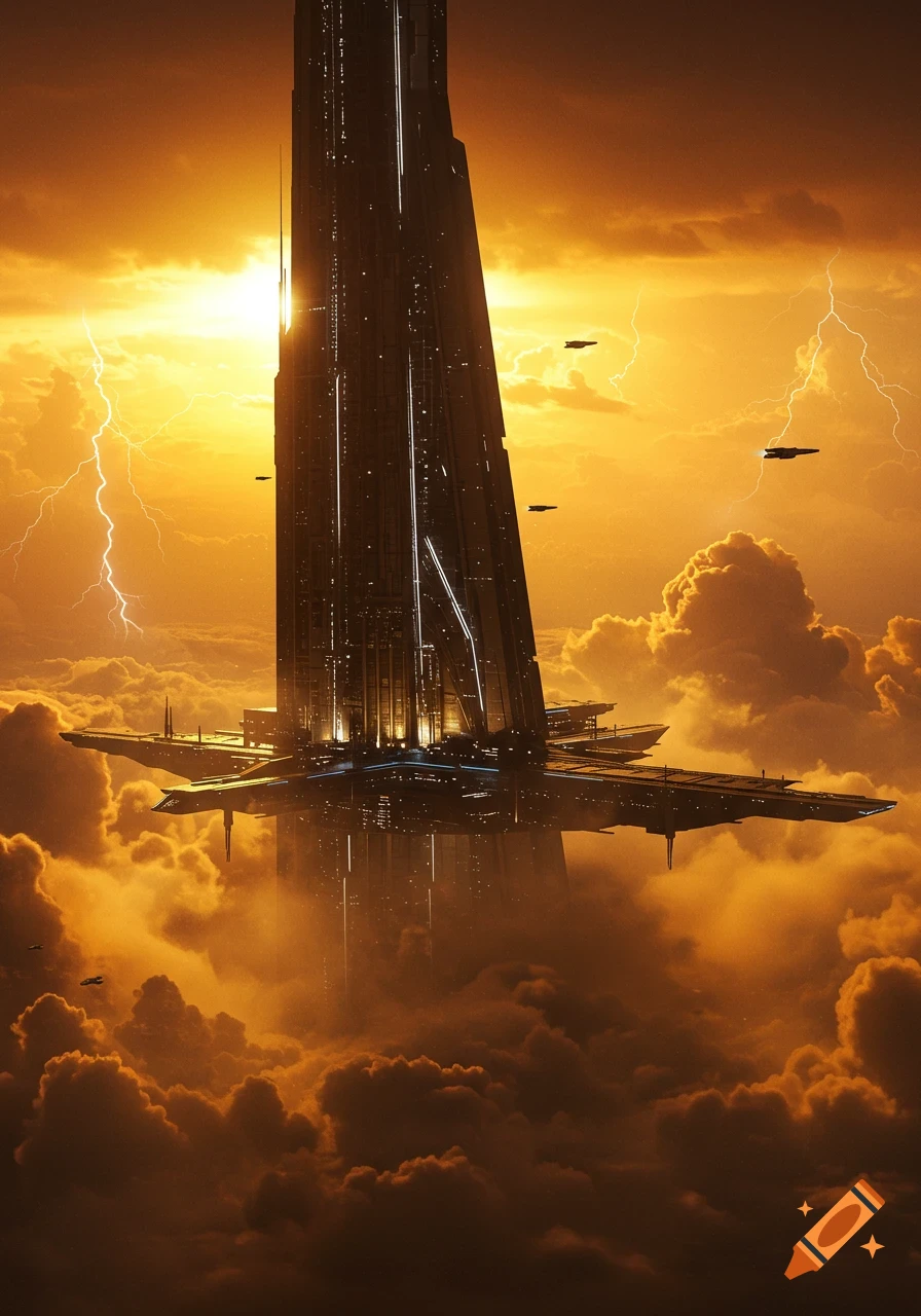 Colossal sci-fi tower piercing golden-orange stormy clouds with lightning and flying ships, digital painting.