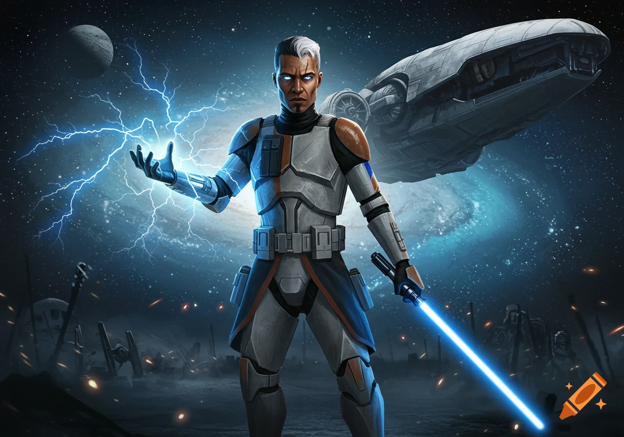 Jek-14, a Star Wars clone trooper, wields a blue lightsaber and lightning in a space battle.
