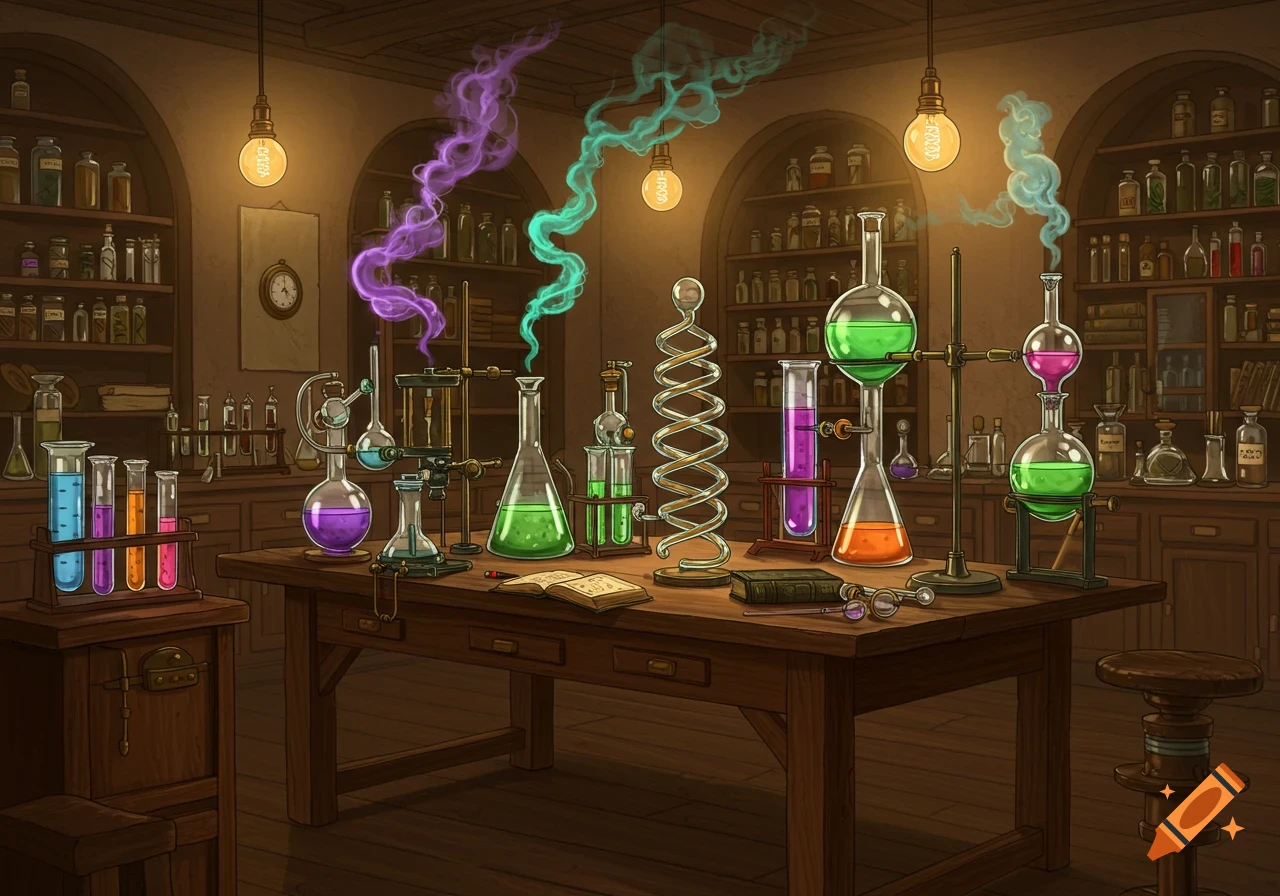An illustrated vintage chemistry lab with beakers, test tubes, colorful liquids, and swirling purple and green smoke.