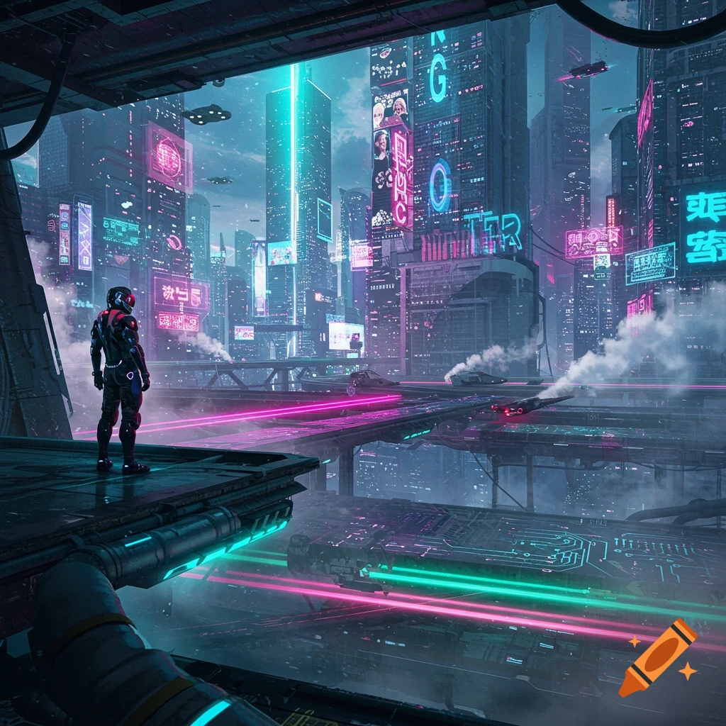 A figure in a cybernetic suit stands on a platform overlooking a vibrant, neon-lit cyberpunk city at night with flying vehicles.