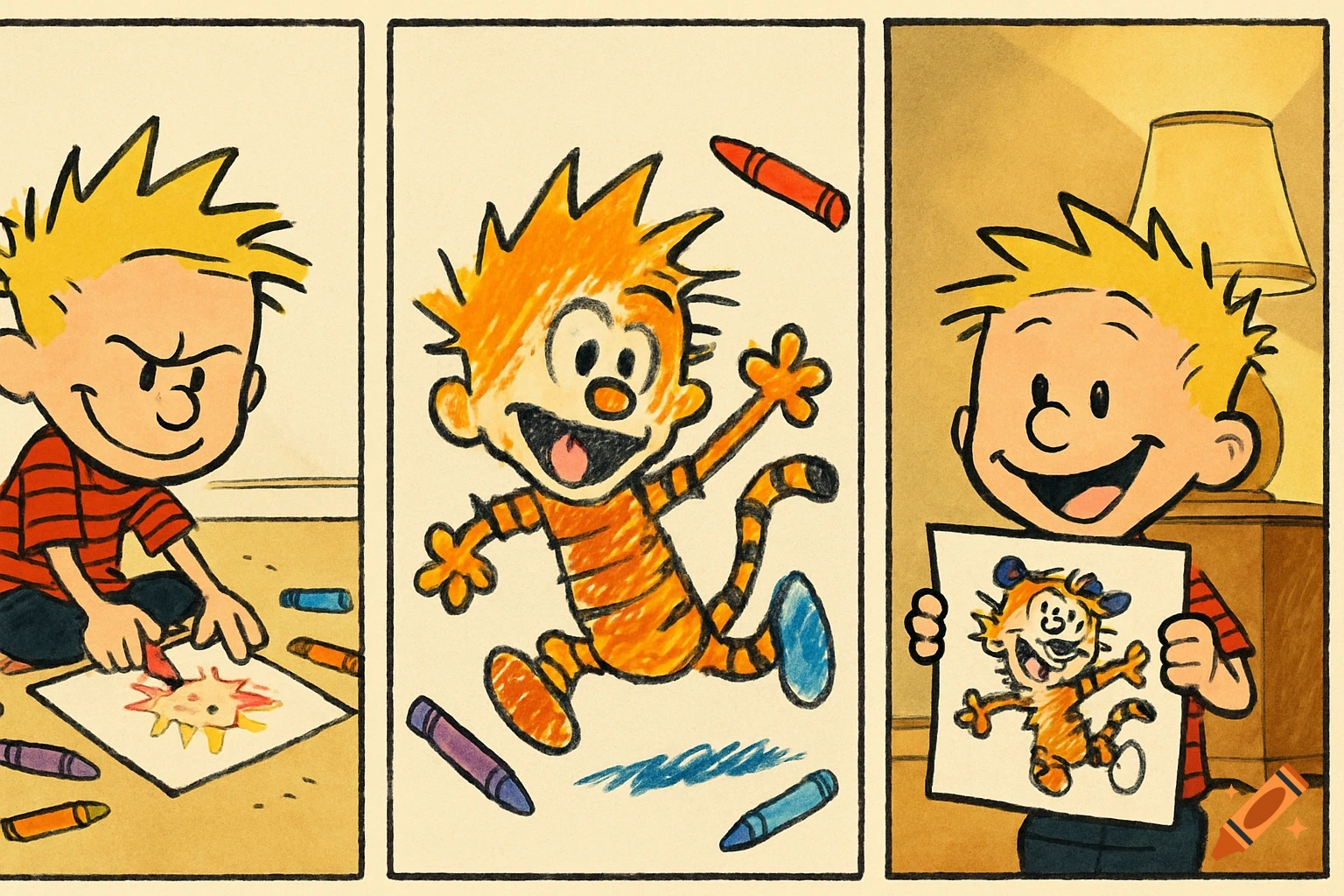 Three-panel comic: Calvin draws a sun, then a vibrant crayon tiger, then proudly holds up his drawing.