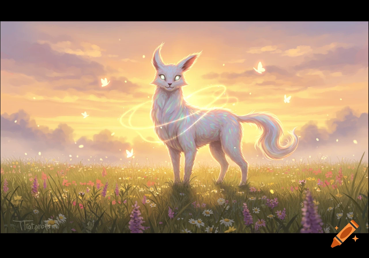A glowing, white, fox-like fantasy creature with large ears stands in a vibrant wildflower field at sunset, surrounded by luminous rings and butterflies.