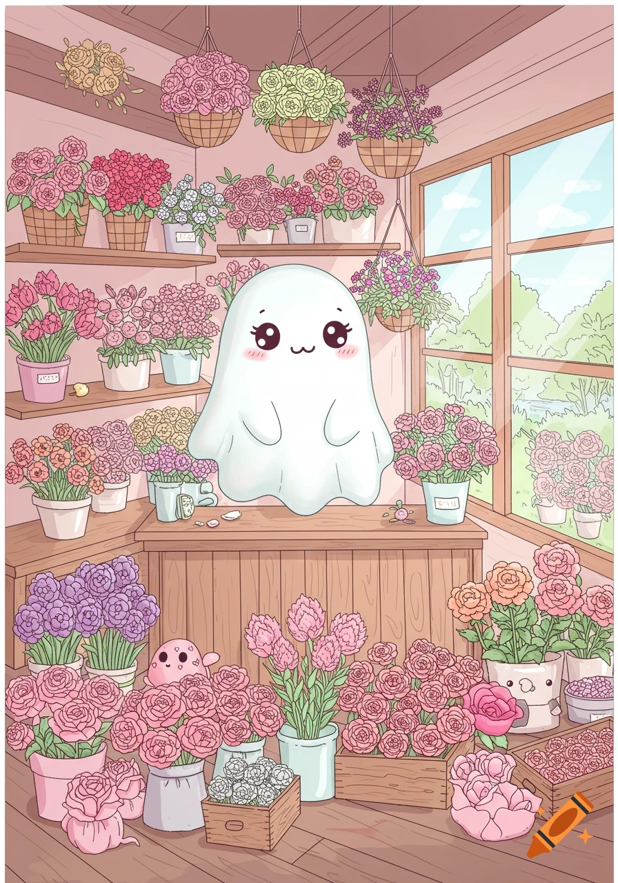 A cute, smiling ghost stands behind a counter in a colorful kawaii cartoon flower shop, surrounded by potted flowers.