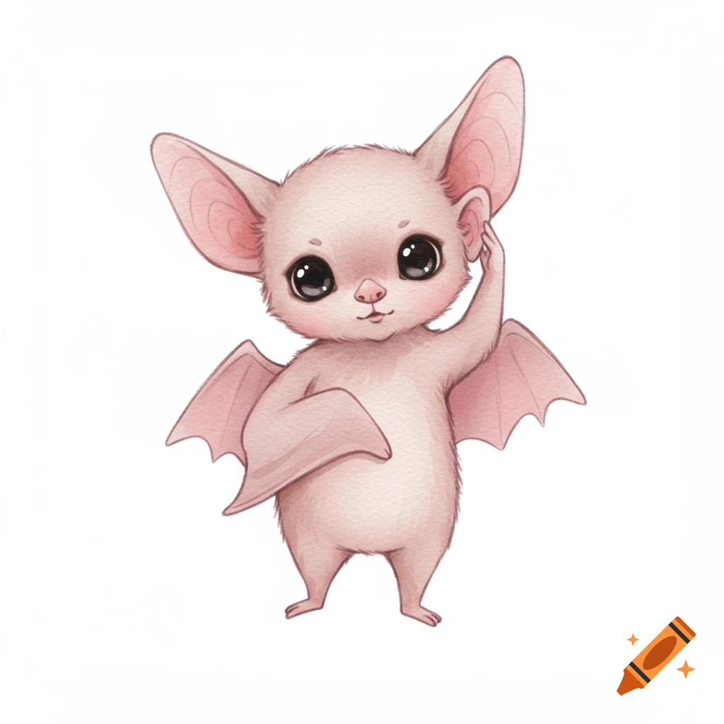 A cute, light pink cartoon bat with large ears and big black eyes, rendered in a watercolor style, stands on a white background.