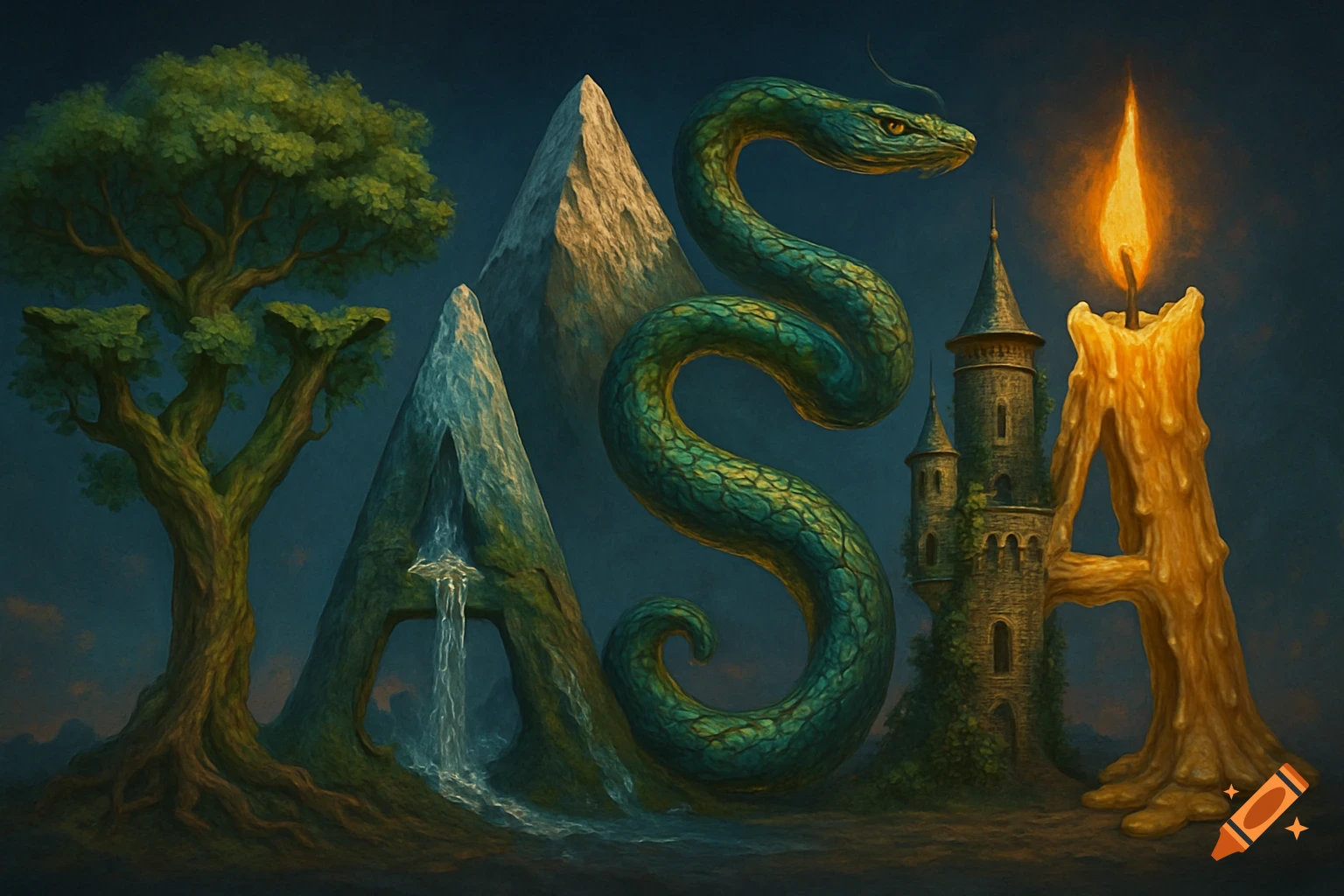 A fantasy illustration spells 'YASHA' with a tree, a mountain, a snake, a castle, and a melting candle.
