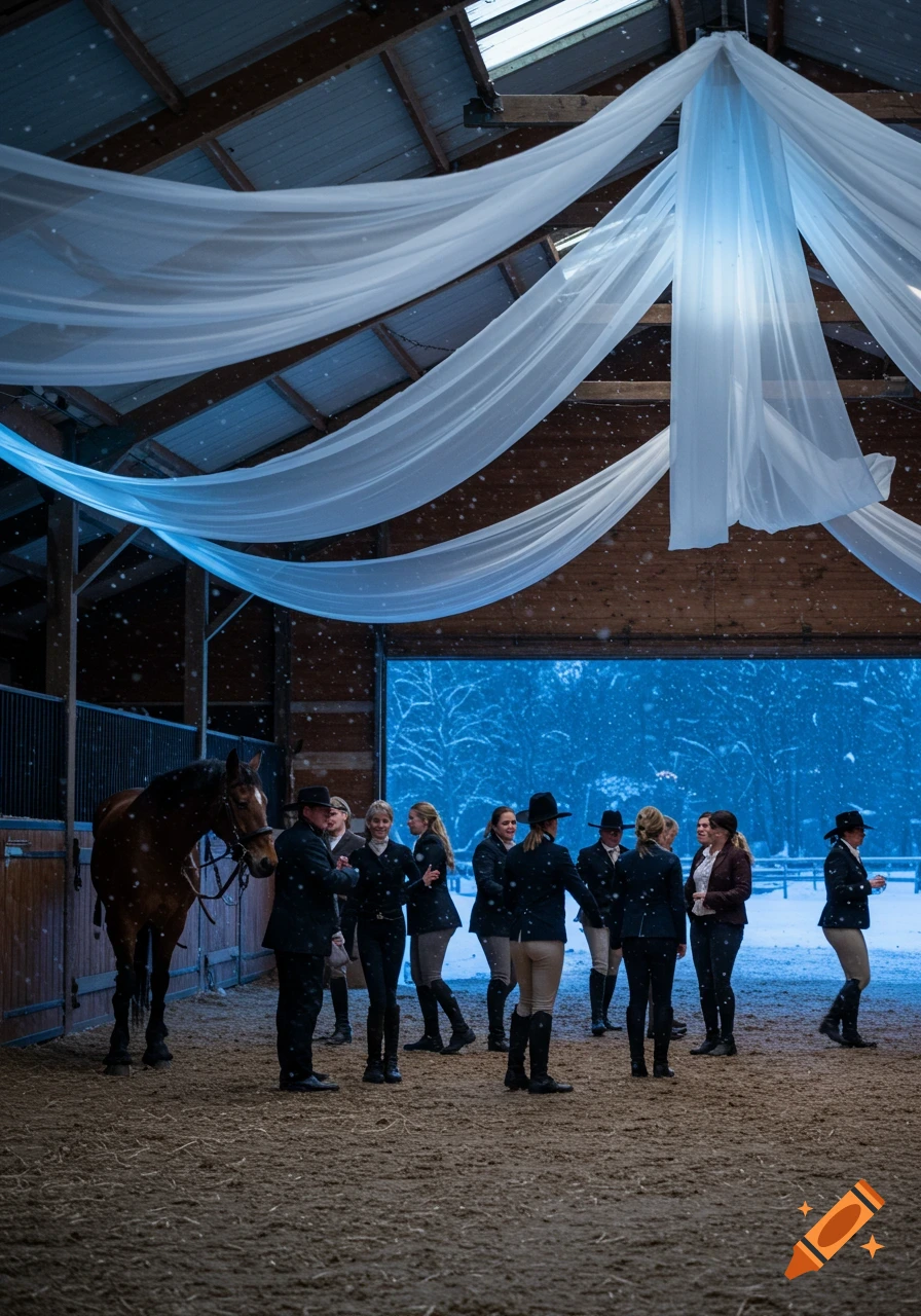 People in riding attire gather in a decorated stable during winter, with a horse nearby and snow falling outside.