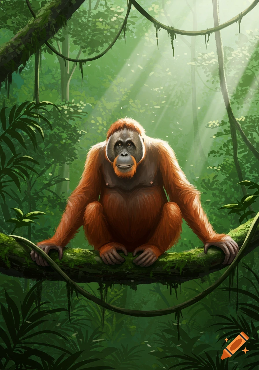 A vibrant digital illustration of an orangutan with orange fur sitting on a mossy branch in a lush green jungle, with sunlight filtering through the canopy.