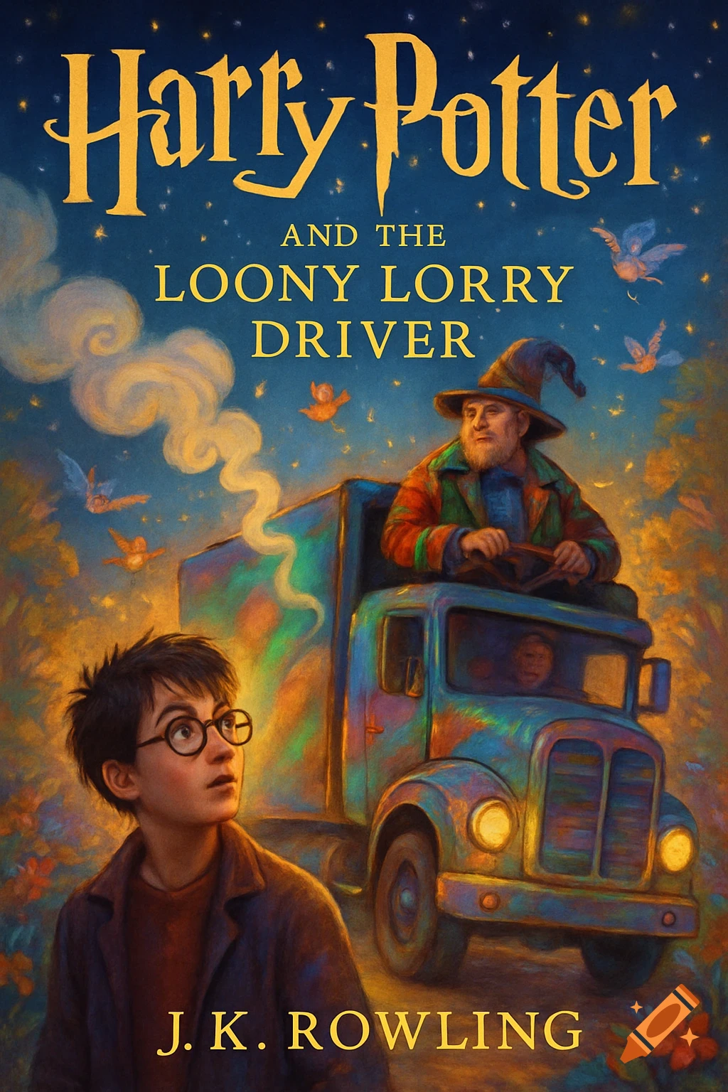 A colorful, painterly book cover for "Harry Potter and the Loony Lorry Driver" showing Harry Potter looking up at a bearded man in a wizard hat driving a vibrant, detailed truck under a starry sky.