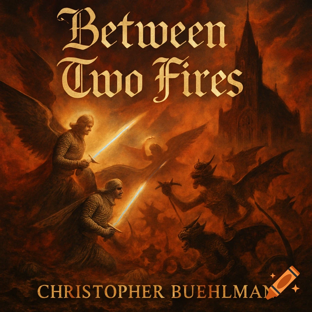 Dark fantasy book cover with angels battling demons amidst fire and a gothic cathedral in a medieval landscape.