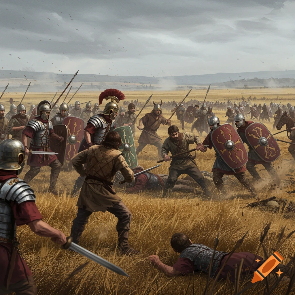 Roman soldiers battle Goths and Vandals in a vast grassy field under a cloudy sky, depicted in a detailed digital painting.