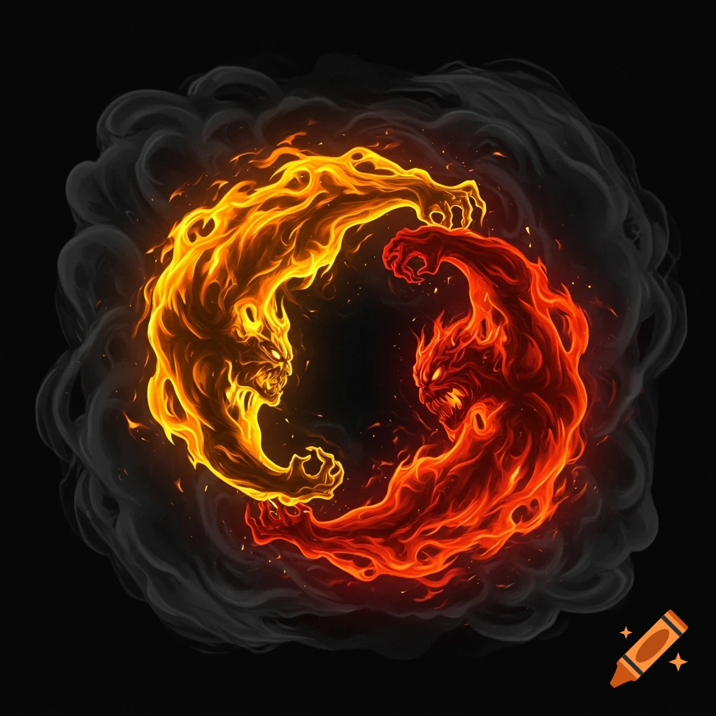 Two fiery monstrous figures, one orange and one red, fight in a dynamic, circular pose against a smoky black background in a stylized illustration.