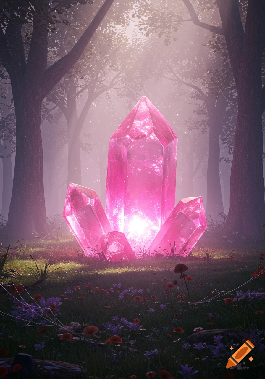 Large glowing pink crystals in a mystical forest with light filtering through trees and wildflowers, digital art.